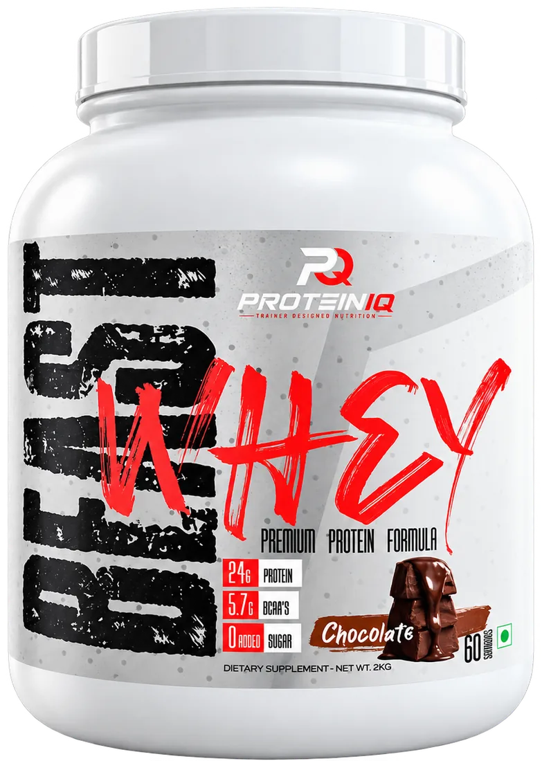 White ProteinIQ Beast Whey tub, chocolate flavour, red brush lettering, 24g protein, 2kg